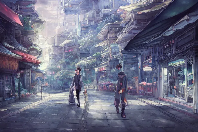 Prompt: dynamic composition, motion, ultra - detailed, incredibly detailed, a lot of details, amazing fine details and brush strokes, colorful and grayish palette, smooth, hd semirealistic anime cg concept art digital painting, watercolor oil painting without people, in asian city in style of cytus and deemo, blue flame, relaxing, calm and mysterious vibes