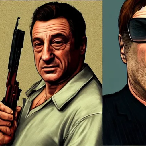 Image similar to robert deniro as a gta5 character, video game art, cover art, grand theft auto