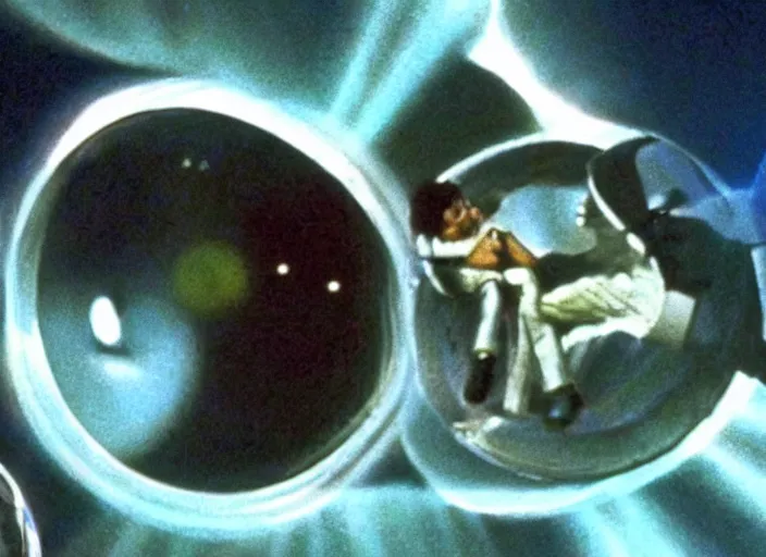 Image similar to film still of young old Cheech Marin flying through wormhole as Dr. Dave Bowman in 2001 A Space Odyssey