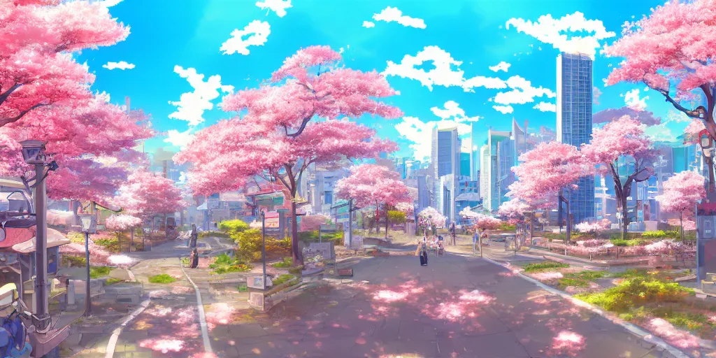 Image similar to anime art style cityscape, spring season anime city with cherry blossoms in the wind, day time sun in the sky, clear weather, japan, detailed and sharp, artstation