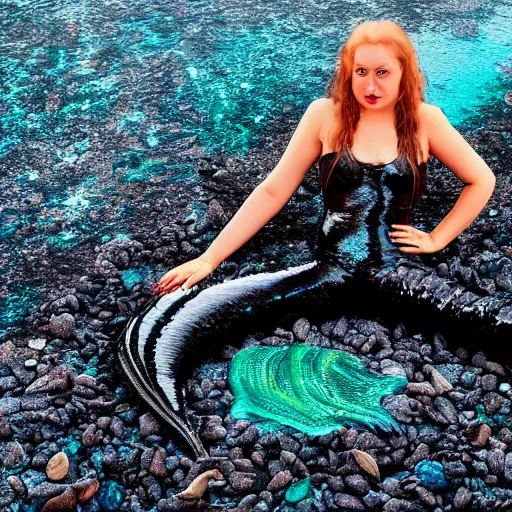 Image similar to A mermaid stuck in an oil spill, full body, photography, 4K