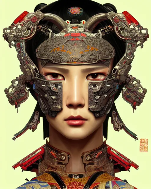 Image similar to portrait of a cyberpunk machine, machine face, upper half portrait, decorated with chinese opera motifs, asian, fine china, wuxia, traditional chinese art, intricate, elegant, highly detailed, symmetry, headpiece, digital painting, artstation concept art smooth sharp focus, illustration, art by artgerm and greg rutkowski alphonse mucha 8 k