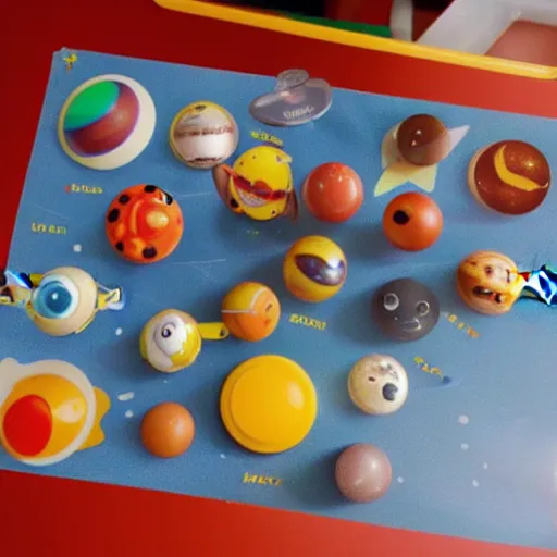 Image similar to The planets of the solar system as a McDonald's happy meal toy, on a table at McDonald's