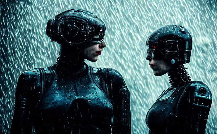 Image similar to cinestill 5 0 d candid photographic portrait by christopher nolan of two loving female androids wearing rugged black mesh techwear in treacherous waters, extreme closeup, modern cyberpunk moody emotional cinematic, pouring rain menacing red spotlight, 8 k, hd, high resolution, 3 5 mm, f / 3 2, ultra realistic faces, ex machina