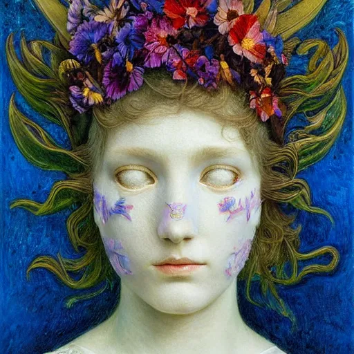 Prompt: masterpiece painting of a facemask made of stylized flowers, by annie swynnerton and jean delville and tino rodriguez, flower mask, symbolist, dramatic lighting, god rays, elaborate geometric ornament, clean crisp graphics, soft cool colors, smooth, sharp focus, extremely detailed