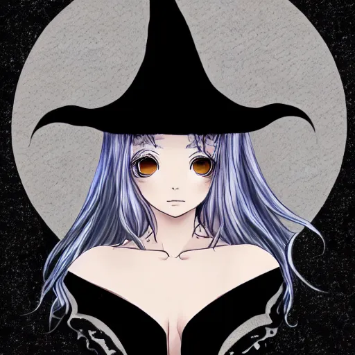 Image similar to a drawing of a pretty woman in a very large oversized witch hat, anime, digital art