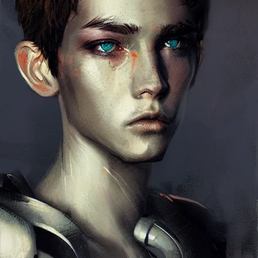 Prompt: beautiful androgynous boy turning into a robot, intricate, art by greg rutkowski, hd, high detailed, 4 k,