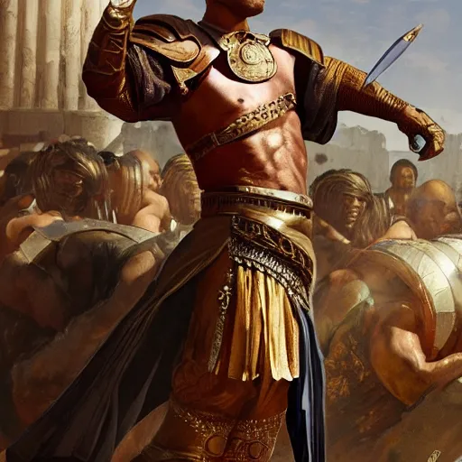 Image similar to julius Ceasar showing thumb down during gladiator fight, intricate, elegant, highly detailed, digital painting, artstation, concept art, smooth, sharp, focus, illustration, art by artgerm and greg rutkowski and alphonse mucha