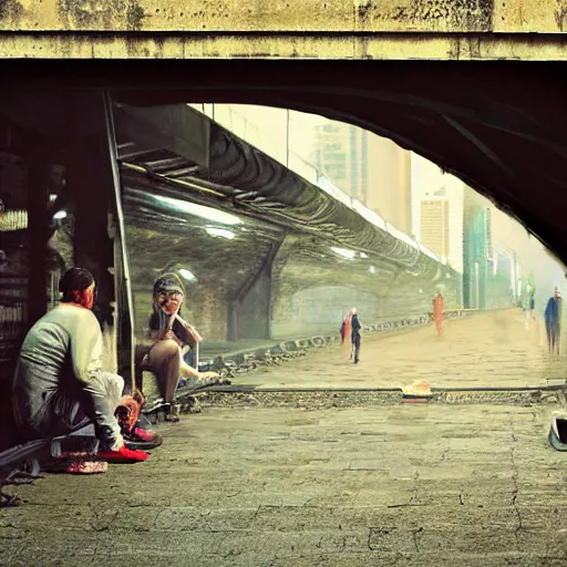 Prompt: poor people life under railway bridge, digital art, digital painting, award winning hyper realistic, 4 k, realistic face, realistic human, hyper details, style by steve mccury and annie leibovitz and chindy sherman