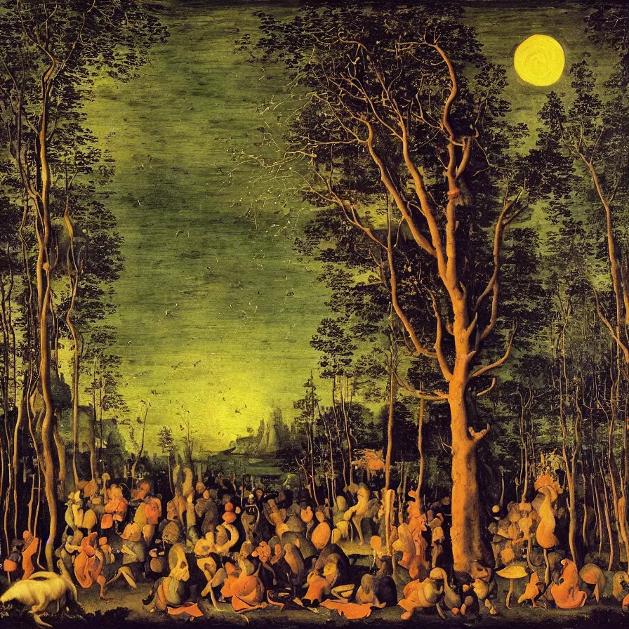 Prompt: renaissance painting of a night carnival around a magical tree cavity, with a surreal orange moonlight and fireworks in the background, next to a lake with iridiscent water, christmas lights, folklore animals and people disguised as fantastic creatures in a magical forest by summer night, masterpiece painted by jan van goyen, scene by night, dark night environment, refraction lights, glares