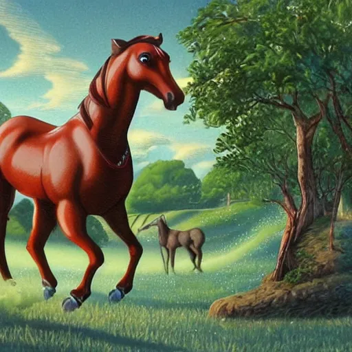Prompt: a horse walking slowly. the scene is detailed and beautiful, and combines the style of michael foreman, gyo fujikawa, and jane clarke.