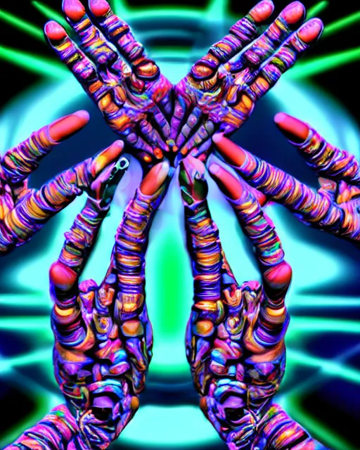 Prompt: psychedelic trip of a cyborg who's escaping death, trippy, lots of hands, 8k, ultra realistic