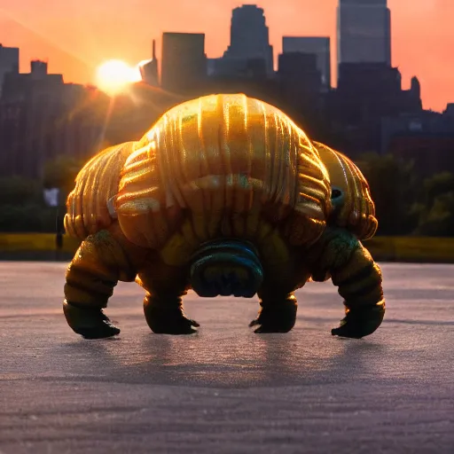 Prompt: colossal tardigrade, new york attack, golden hour, cinematic, action shot