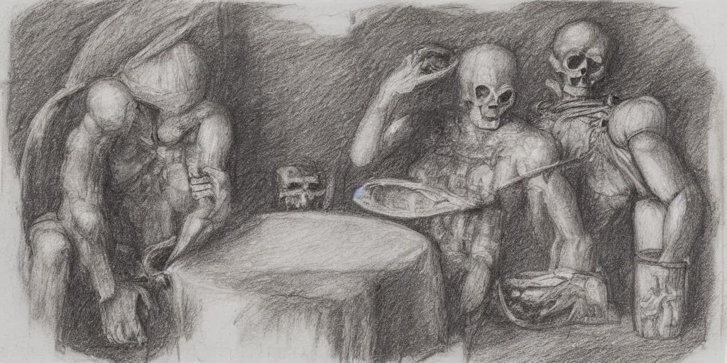 Prompt: Charcoal pencil portrait of a Roman emperor sharing dinner with a mummified skeleton, sketchbook, Leonardo da Vinci