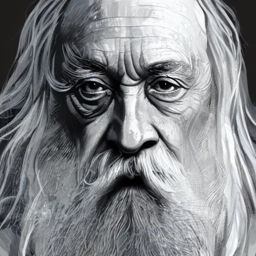 Image similar to a close up portrait of Dumbledore, focused gaze, art station, highly detailed, concept art