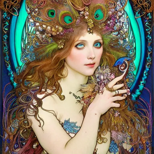 Prompt: realistic detailed face portrait of an otherworldly fairy tale Peacock Goddess with colorful feathers and ornate jewels in her hair by Alphonse Mucha, Ayami Kojima, Amano, Charlie Bowater, Karol Bak, Greg Hildebrandt, Jean Delville, and Mark Brooks, Art Nouveau, Neo-Gothic, gothic, rich deep dark peacock feather colors