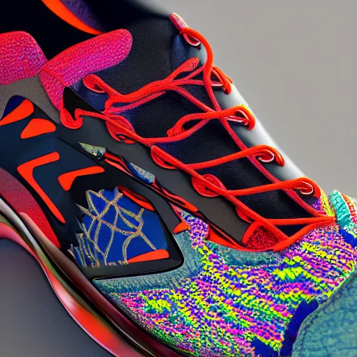 Image similar to Product photo of a new concept sport shoe. Intricate details. Ornamented. Bright colors. Octane render. 8k