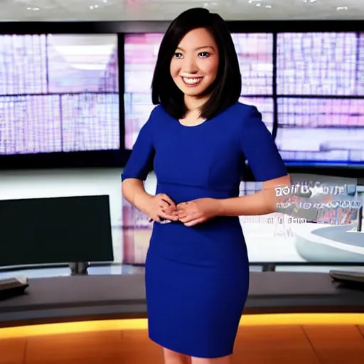 Image similar to a fullbody shot of a beautiful, asian - american female news anchor, with a bob cut, ultra hd, high definition, high quality, crisp, sharp, smooth, 8 k resolution