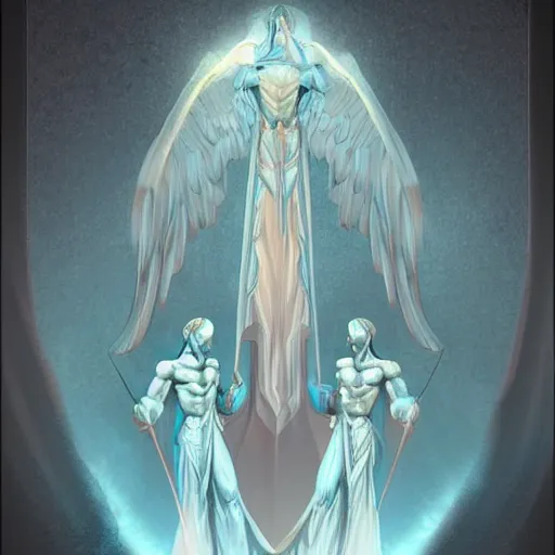 Prompt: winged tall pale blue guardians protecting the entrance of the soul portal which it grants rebirth to mortals , digital art, trending Artstation