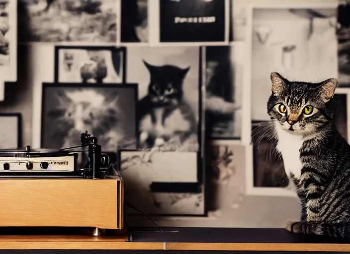 Image similar to photography of a Cat sitting on a record player. in a room full of posters, photorealistic, raining award winning photo, 100mm, sharp, high res