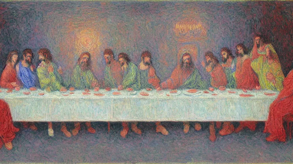 Prompt: the last supper in space in the style of claude monet, digital art.