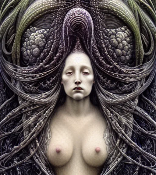 Image similar to detailed realistic beautiful storm goddess face portrait by jean delville, gustave dore, iris van herpen and marco mazzoni, art forms of nature by ernst haeckel, art nouveau, symbolist, visionary, gothic, neo - gothic, pre - raphaelite, fractal lace, intricate alien botanicals, ai biodiversity, surreality, hyperdetailed ultrasharp octane render