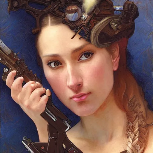 Image similar to a portrait painting of a gunslinger fantasy lady, highly detailed, art by tristan eaton and artgerm and william - adolphe bouguereau