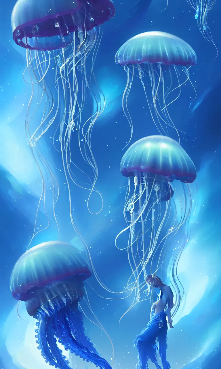 Image similar to detailed jellyfish in space, blue tones, underwater, full frame, highly detailed, digital painting, artstation, concept art, smooth, sharp focus, illustration, art greg rutkowski and alphonse mucha