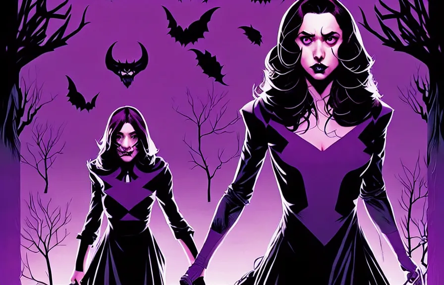 Prompt: rafael albuquerque comic cover art, artgerm, joshua middleton, pretty stella maeve witch doing black magic, serious look, purple dress, symmetrical eyes, symmetrical face, long black hair, full body, werewolf behind eva, twisted evil dark forest in the background, cool colors