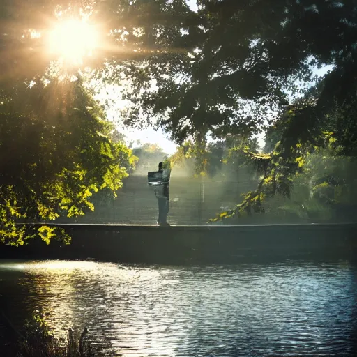 Prompt: a man fishing into a river with trees and a sci - fi containment building in the background, a sense of hope and optimism, monumental, harsh sunlight