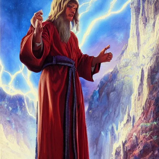 Prompt: portrait of a teenage wizard obsessed with time magic in a dungeons and dragons game, wearing beautiful robes, intricately detailed, realistic, oil painting, by jeff easley, boris vallejo, cinematic lighting