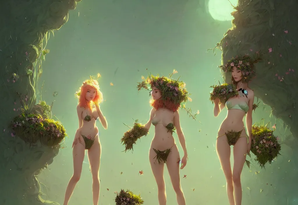 Prompt: two beautiful fairy women with crown of flowers in plants bikini, fantasy, by atey ghailan, by greg rutkowski, by greg tocchini, by james gilleard, by joe gb fenton, dynamic lighting, gradient light green, brown, blonde cream and white color in scheme, grunge aesthetic