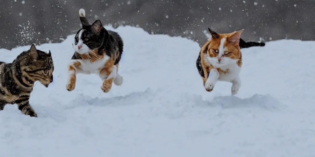 Image similar to a dog is chasing a cat in the top of a snow mountain