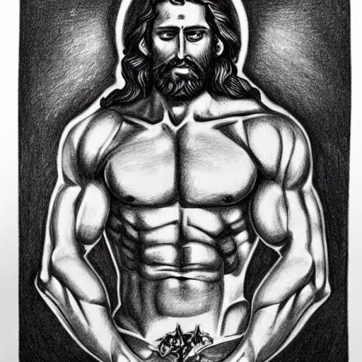 Image similar to gigachad benediction, gigachad jesus, muscles, pointing to heaven, pencil art, holy iconography