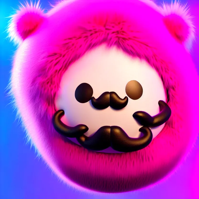 Image similar to high quality 3 d render hyperrealistic very cute big spherical creature, mustache, plush mascot, short spiky dense fluffy smooth hair, isometric 3 d, psychedelic lighting pink fluffy fur 1 cm long, 1 5 0 mm, smooth background, artstation, ultra detailed, elegant, ultra detailed, octane render