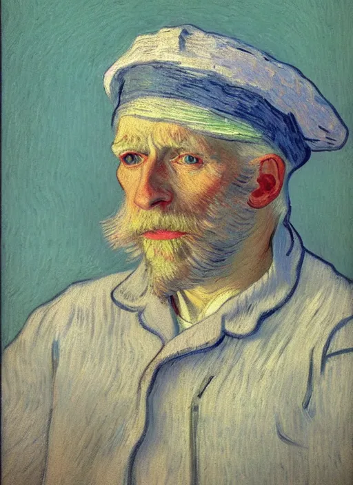 Prompt: portrait of a very old sailor with white hair and hat, asleep, detailed realism face in painting, detailed beautiful portrait, expressionist oil painting masterpiece, 8 k resolution, smooth, sharp focus, pastel color palette, trending on artstation, by van gogh