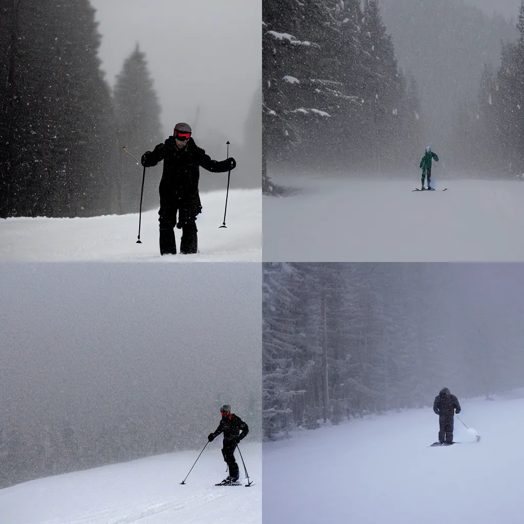 Prompt: A man skiing at the beginning of a blizzard in the snowy Alpines