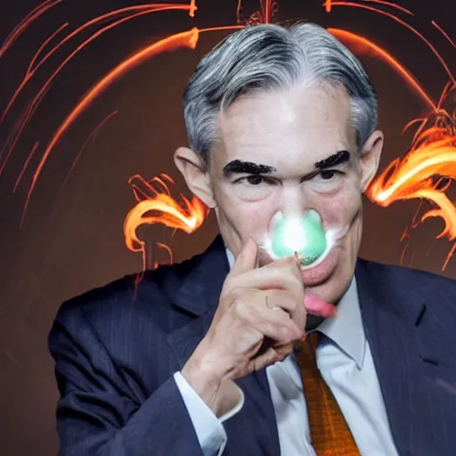 Prompt: photo of Jerome Powell with whiteface clown makeup using a flamethrower projecting a long flame, highly-detailed