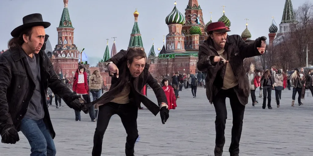 Image similar to nicolas cage as freddy krueger chasing lora palmer on the red square in moscow. cinematic trailer high resolution