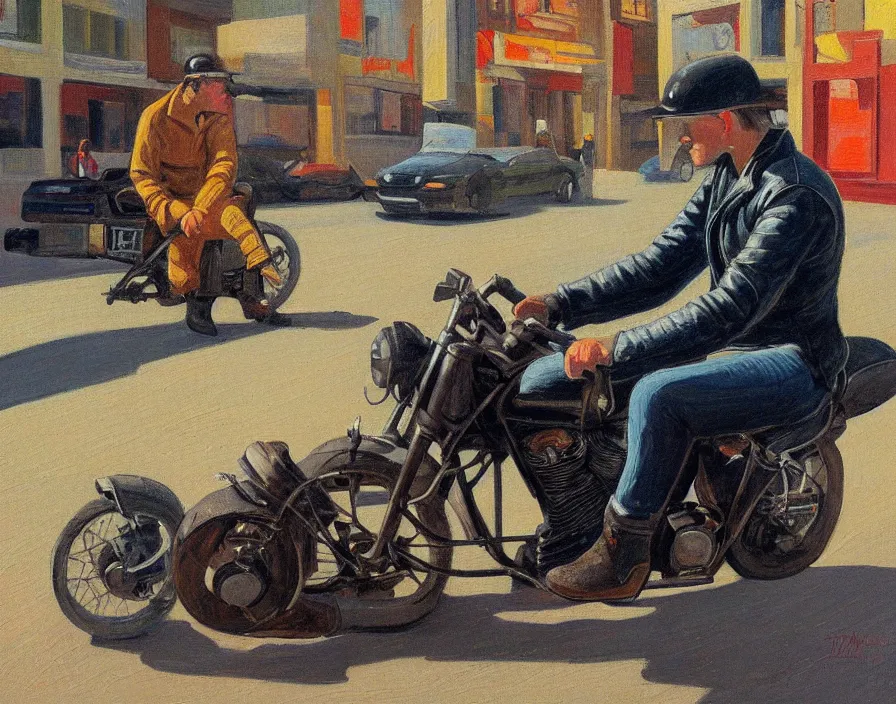 Prompt: a very detailed painting of a man wearing a leather jacket, riding a motorbike, harley davidson motorbike, worm's - eye view, very fine brush strokes, in the style of edward hopper and grant wood, 4 k,