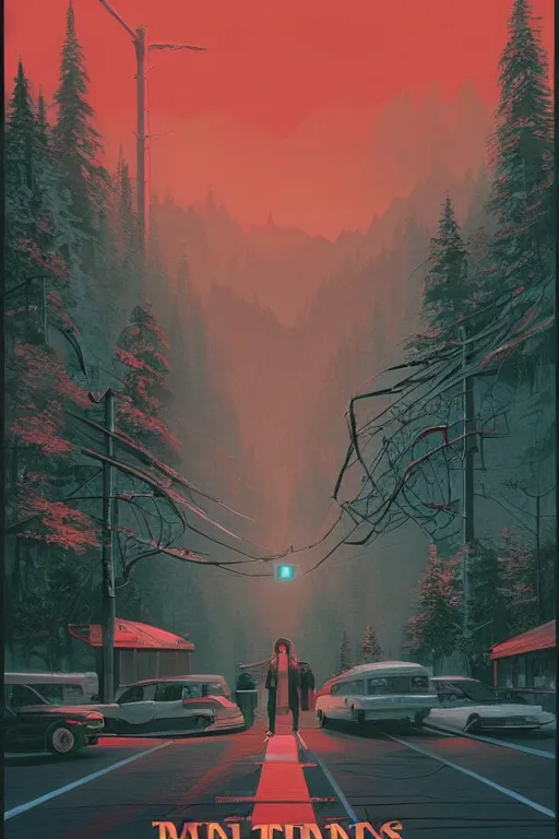 Prompt: Twin Peaks movie poster artwork by Tomer Hanuka Artem Chebokha Rendering of the only intersection in the small town, full of details, by Makoto Shinkai and thomas kinkade, Matte painting, trending on artstation and unreal engine