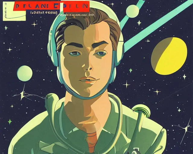 Image similar to a portrait of Alain Delon pilot in spacesuit posing on field forrest spaceship station landing laying lake artillery outer worlds shadows in FANTASTIC PLANET La planète sauvage animation by René Laloux