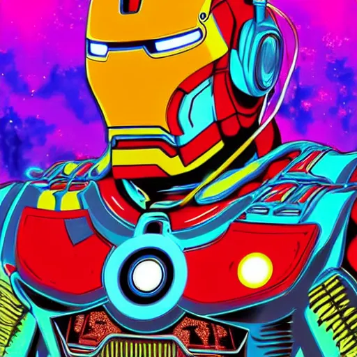 Image similar to artgerm, psychedelic laughing cybertronic ironman, rocking out, headphones dj rave, digital artwork, r. crumb, svg vector