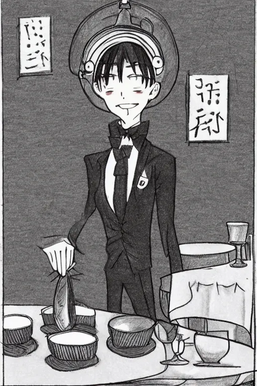 Image similar to an anime drawing of a dog - headed waiter at the reception of a fancy restaurant