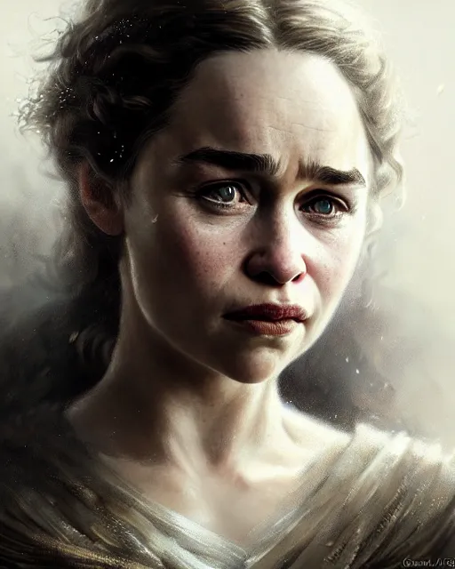 Prompt: emilia clarke, character portrait, portrait, close up, concept art, intricate details, highly detailed by greg rutkowski, michael whelan and gustave dore