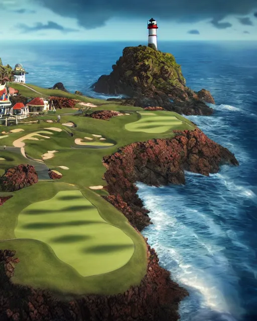 Prompt: golf course by the ocean, lighthouse, rocky cliffs, cinematic composition, Jaime Jasso, Craig Mullins, wide angle, in the style of hayao miyazaki + brian froud + kim jung gi, studio ghibli, beautiful high detail enhanced 8k render