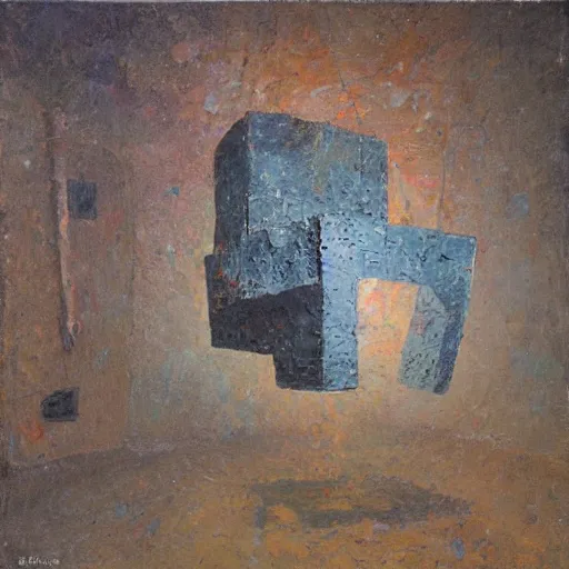 Image similar to an impasto painting by shaun tan of an abandoned abstract sculpture by the caretaker and ivan seal