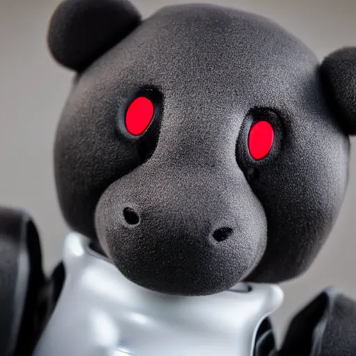 Prompt: robot black teddy bear with red eyes, face close up, realistic, highly detailed, studio photo, dark lighting