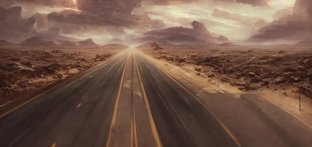 Image similar to a desolate highway in the middle of the nevada desert, drawn by artgerm and greg rutkowski, establishing shot, opening film shot, video game cinematic, highly detailed, digital painting, concept art, movie poster art, cinematic framing, cinematic lighting, illustration, trending on artstation