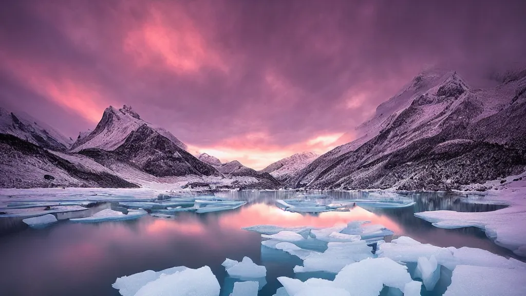 Image similar to amazing landscape photo of a snowy mountains with an ice lake in sunset by marc adamus, beautiful dramatic lighting